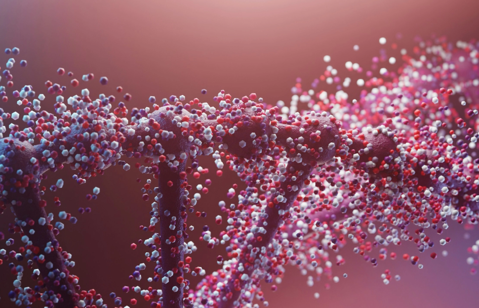 DNA-Doppelhelix aus Partikeln – Symbolbild für Prävention und Longevity-Medizin